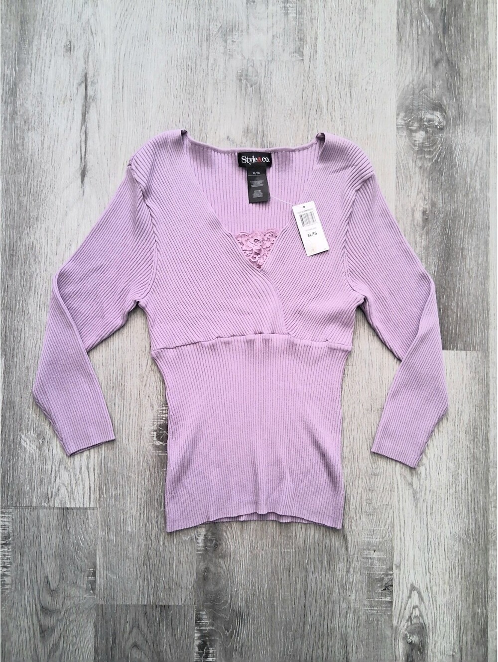 NWT Style & Co Size XL Lilac Lavender V-Neck Lace Panel Ribbed Pullover Sweater